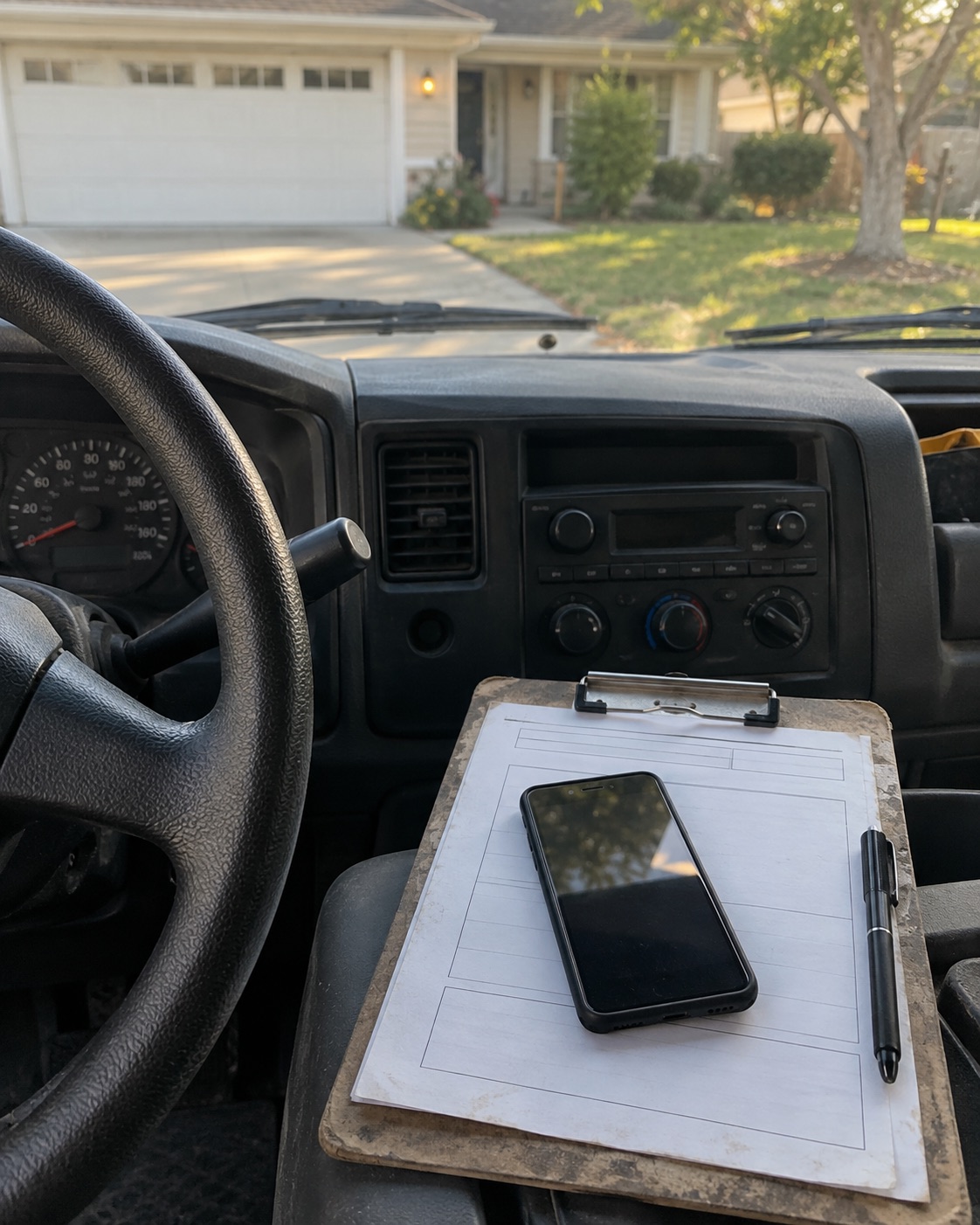 Phone and service clipboard viewed from the driver's seat of a work van in a residential driveway