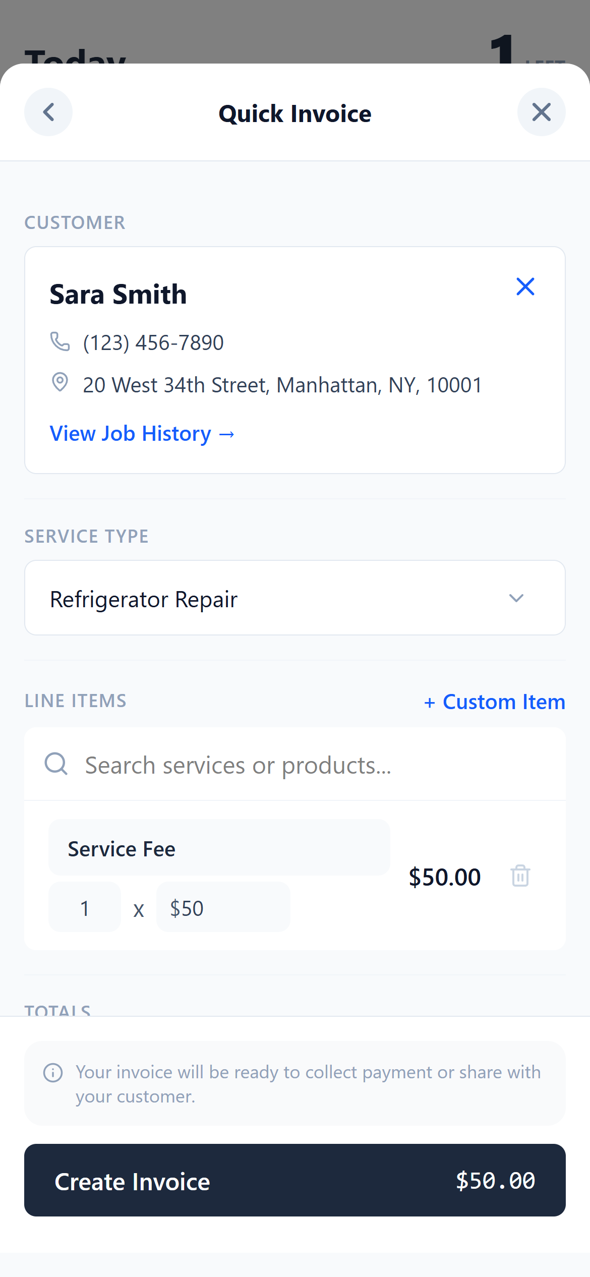 MyObra mobile invoice generator showing a professional contractor invoice being created