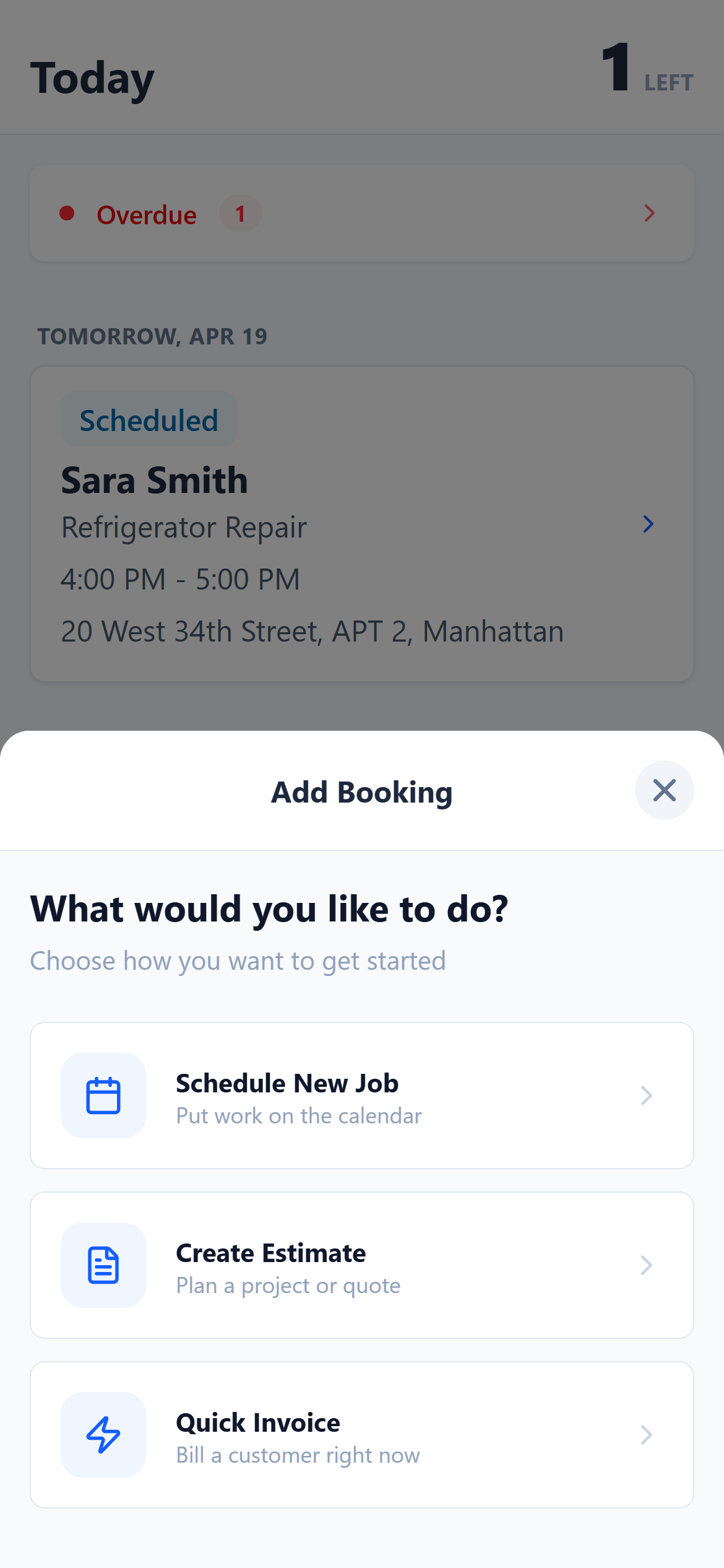 MyObra app screen for contractors to schedule a new job or create a quick invoice