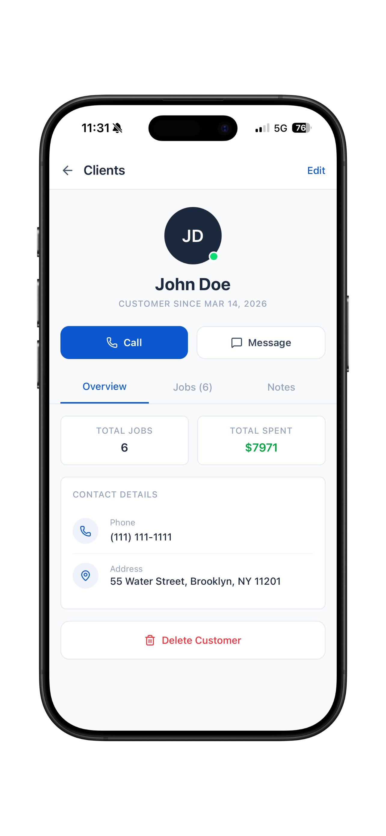 MyObra client management screen showing customer job history and total spending