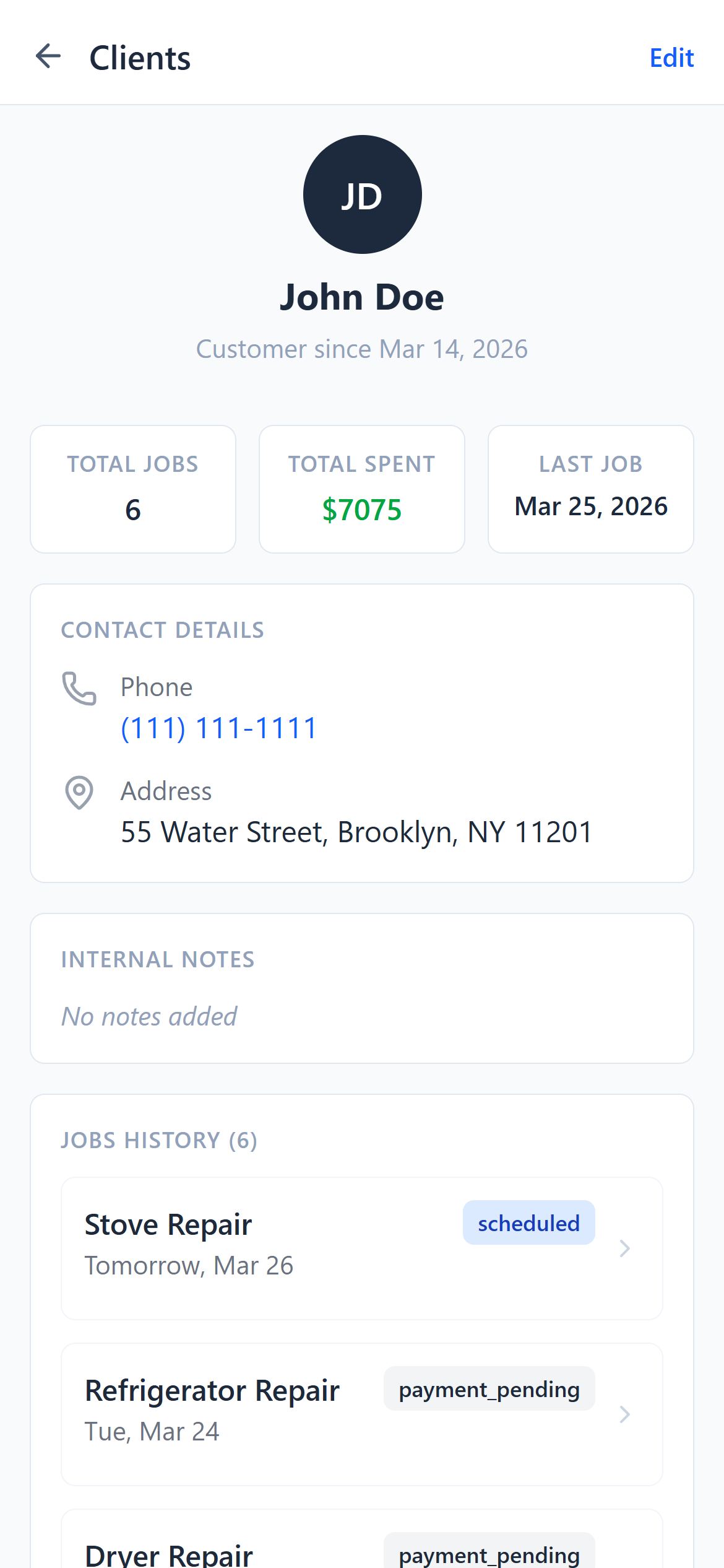 MyObra client management screen showing customer job history and total spending