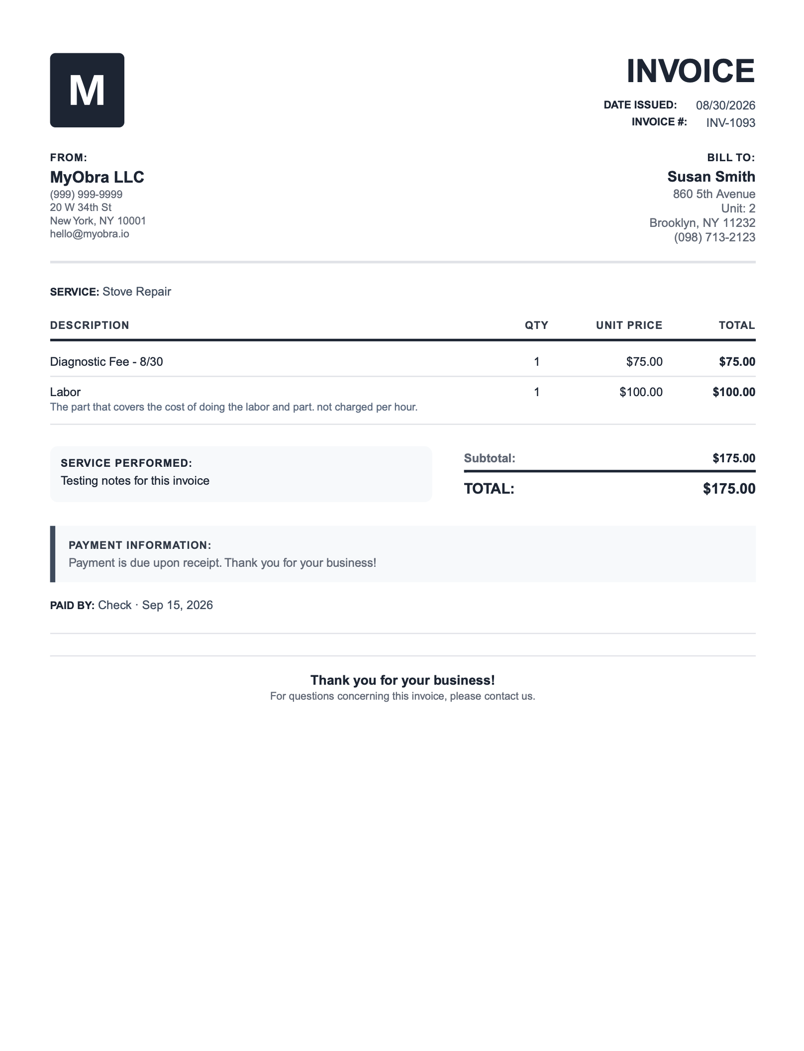 MyObra invoice document showing a customer, service, itemized line items, and a total due