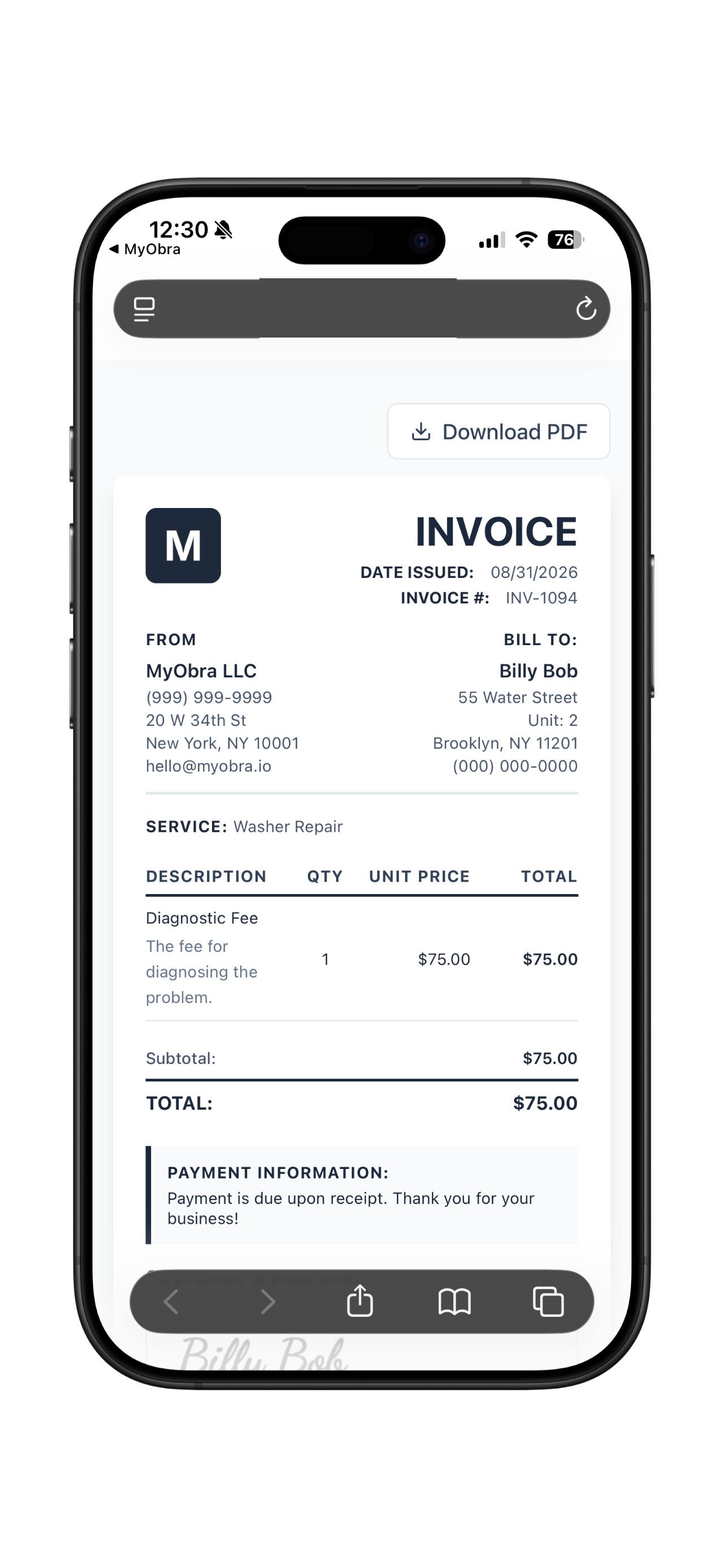 MyObra shared invoice link open in a phone browser with a Download PDF button