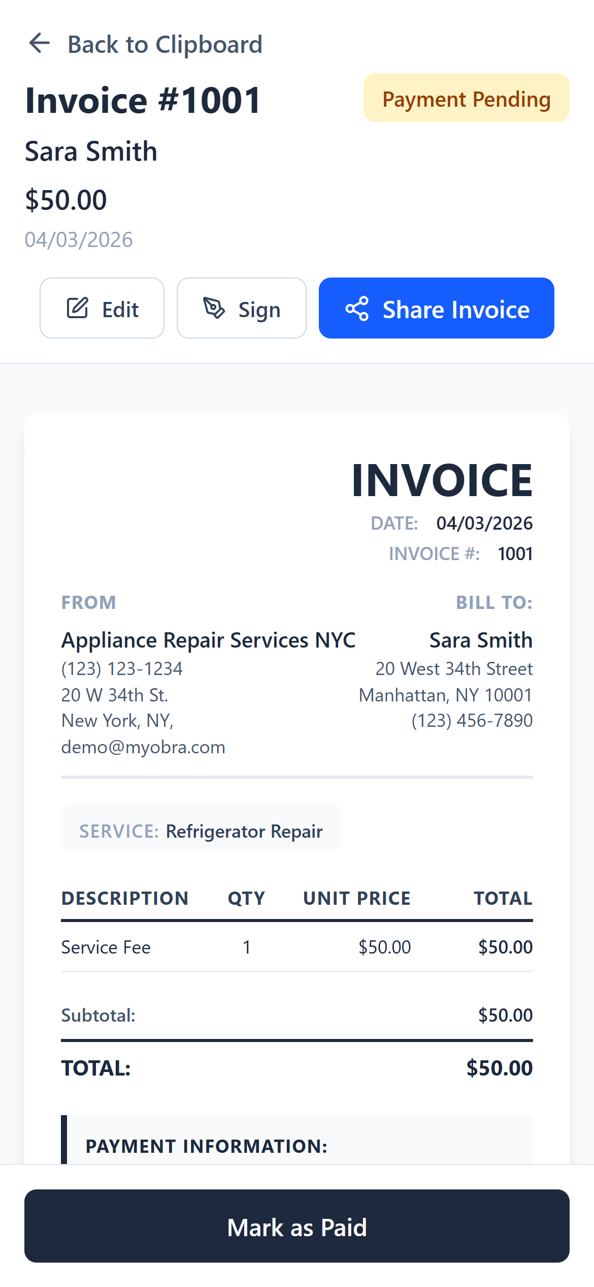 MyObra invoice preview screen showing digital signature collection and payment status for contractors