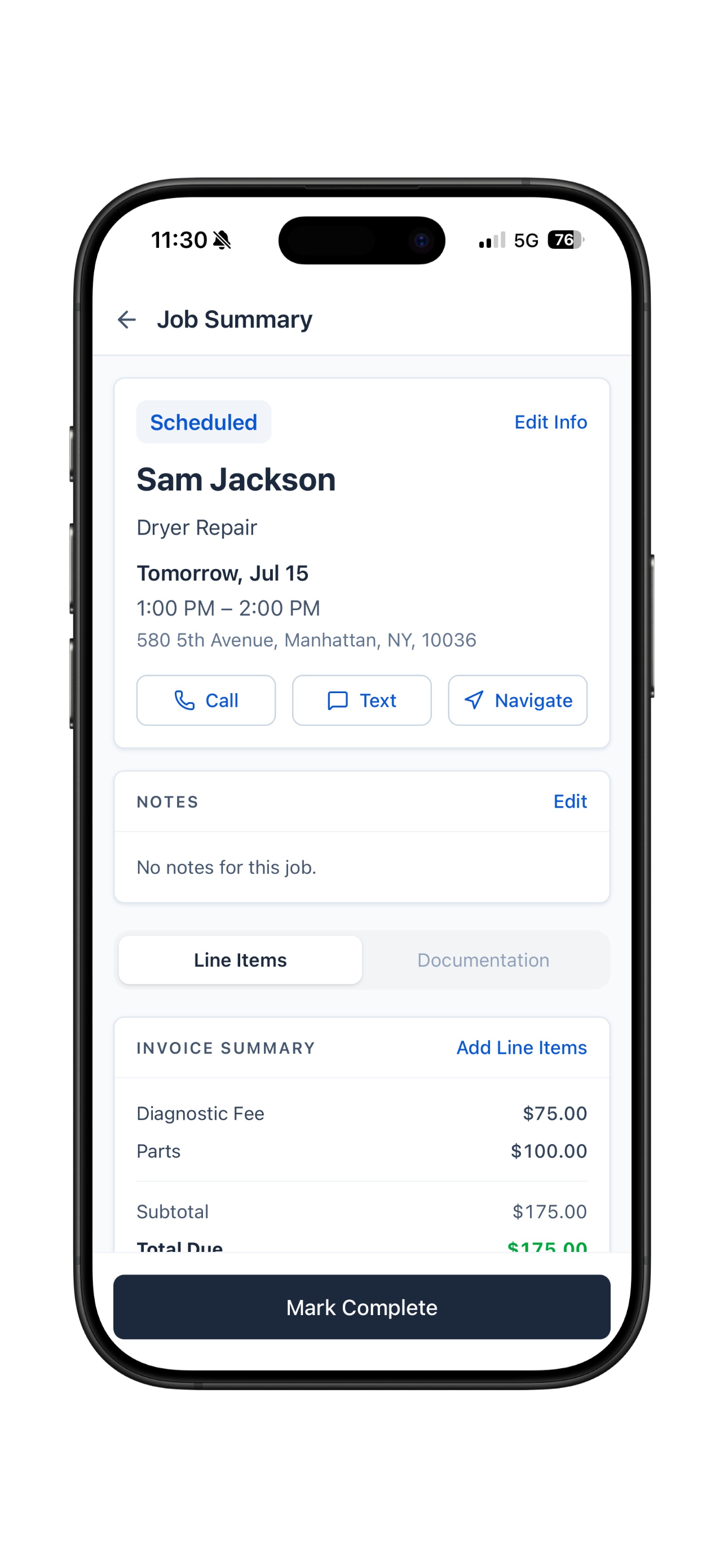 MyObra job detail screen for contractors showing customer info, photos, waiver, and invoice summary
