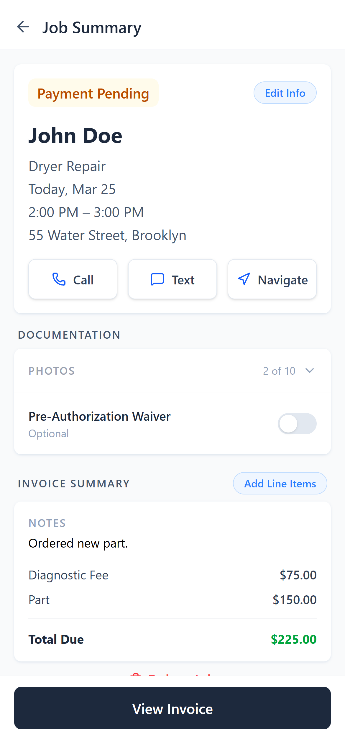 MyObra job detail screen for contractors showing customer info, photos, waiver, and invoice summary