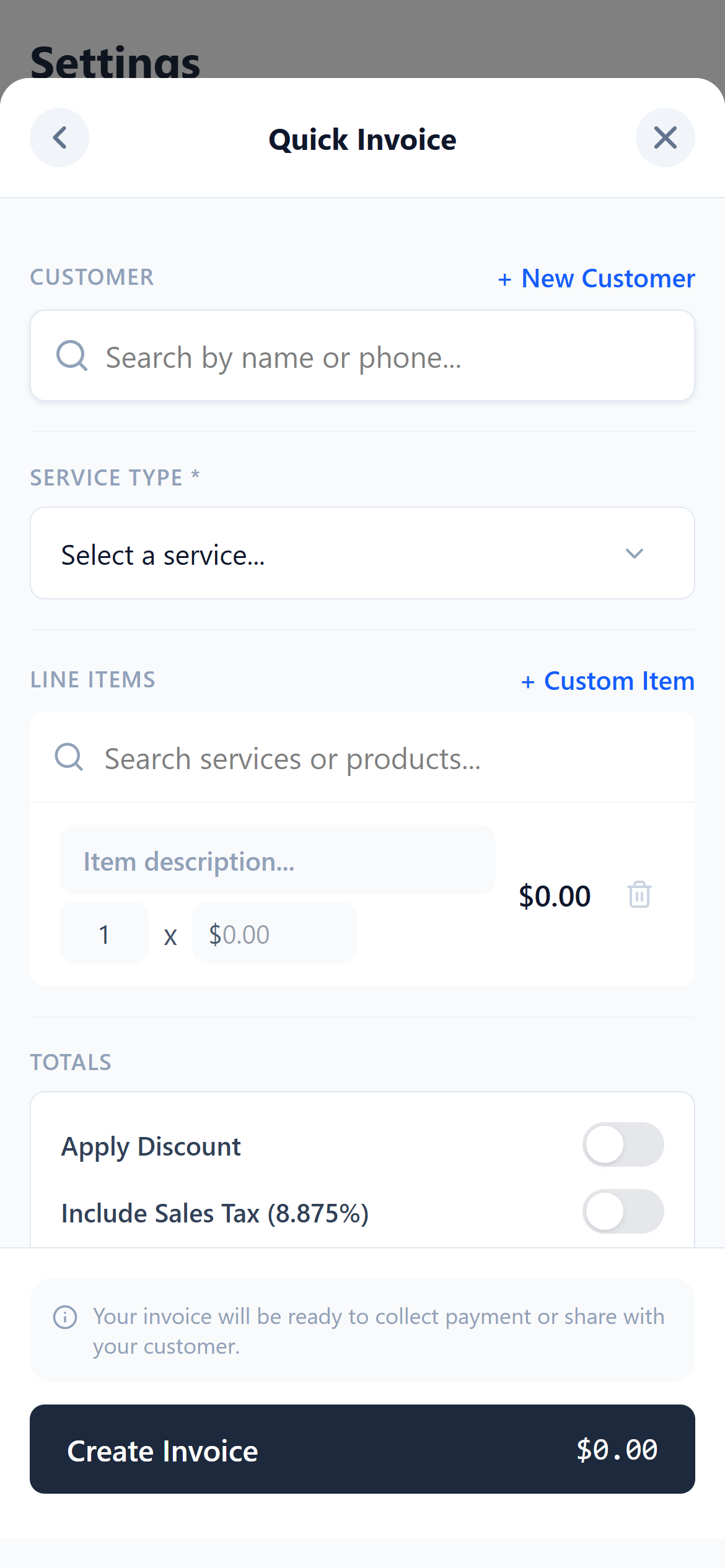 MyObra mobile invoice generator screen for contractors to create and send invoices from the field