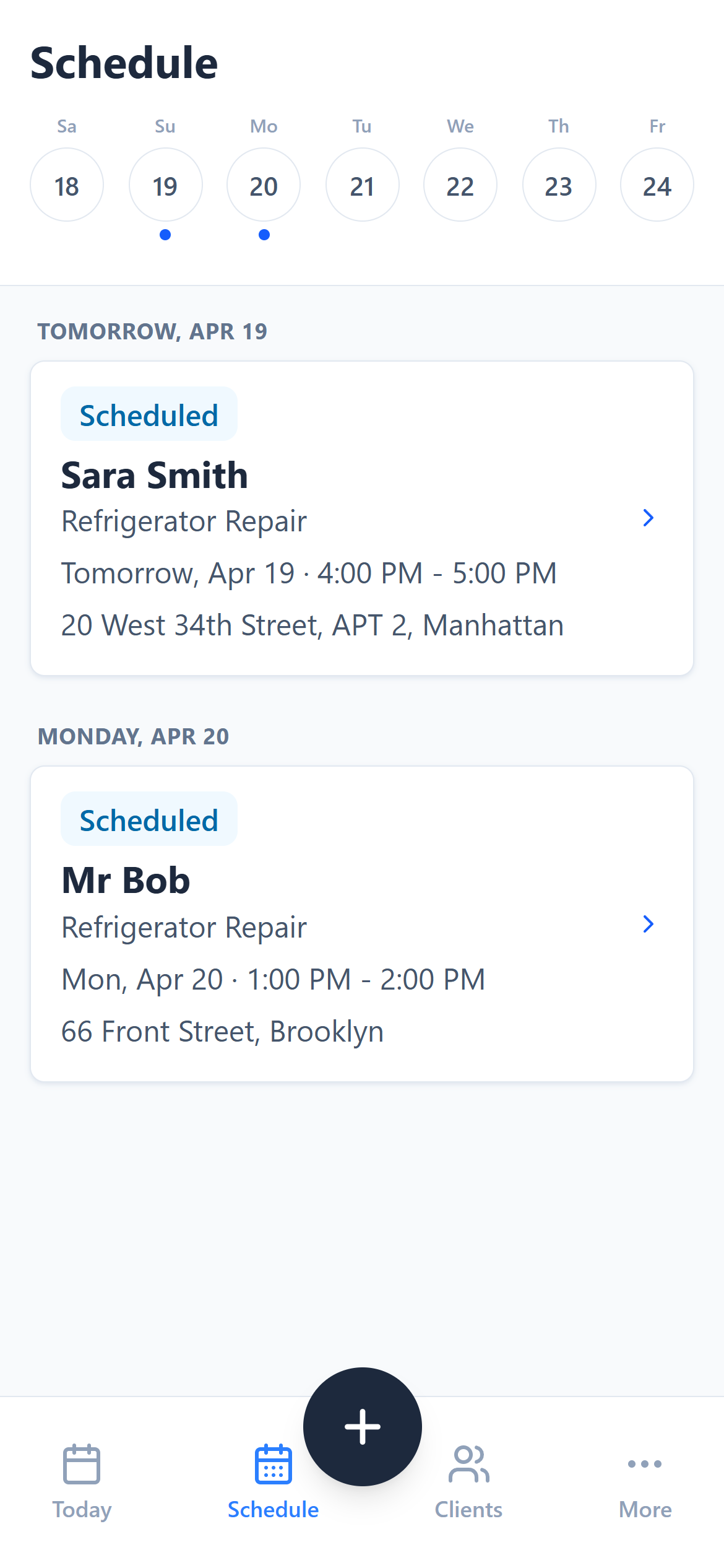 MyObra job scheduling screen showing upcoming contractor jobs grouped by date
